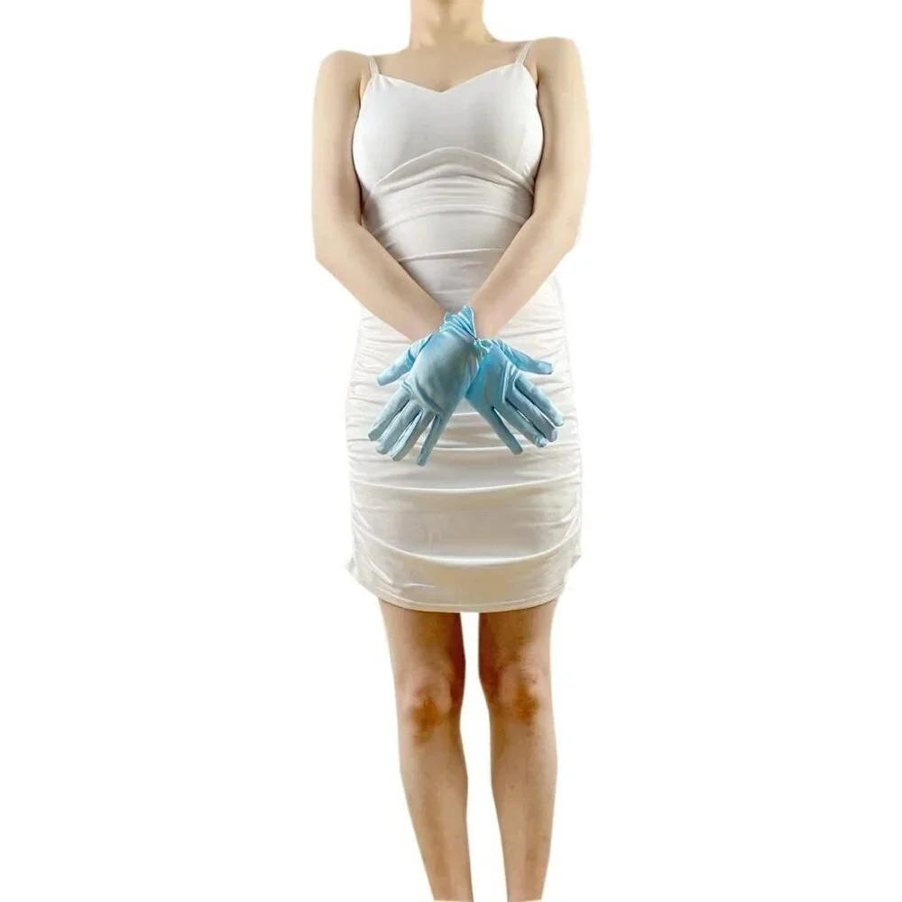Women's Blue Satin Pearl Wedding Dress Opera Party Wrist Gloves Short Length